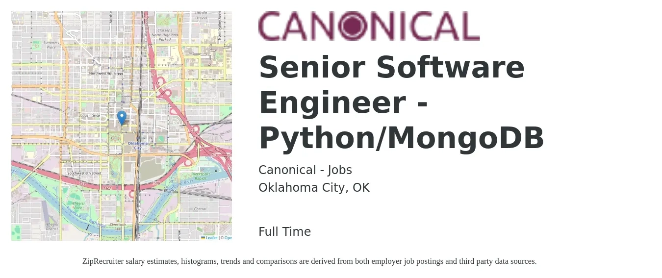 Canonical - Jobs job posting for a Senior Software Engineer - Python/MongoDB in Oklahoma City, OK with a salary of $112,900 to $151,900 Yearly with a map of Oklahoma City location.