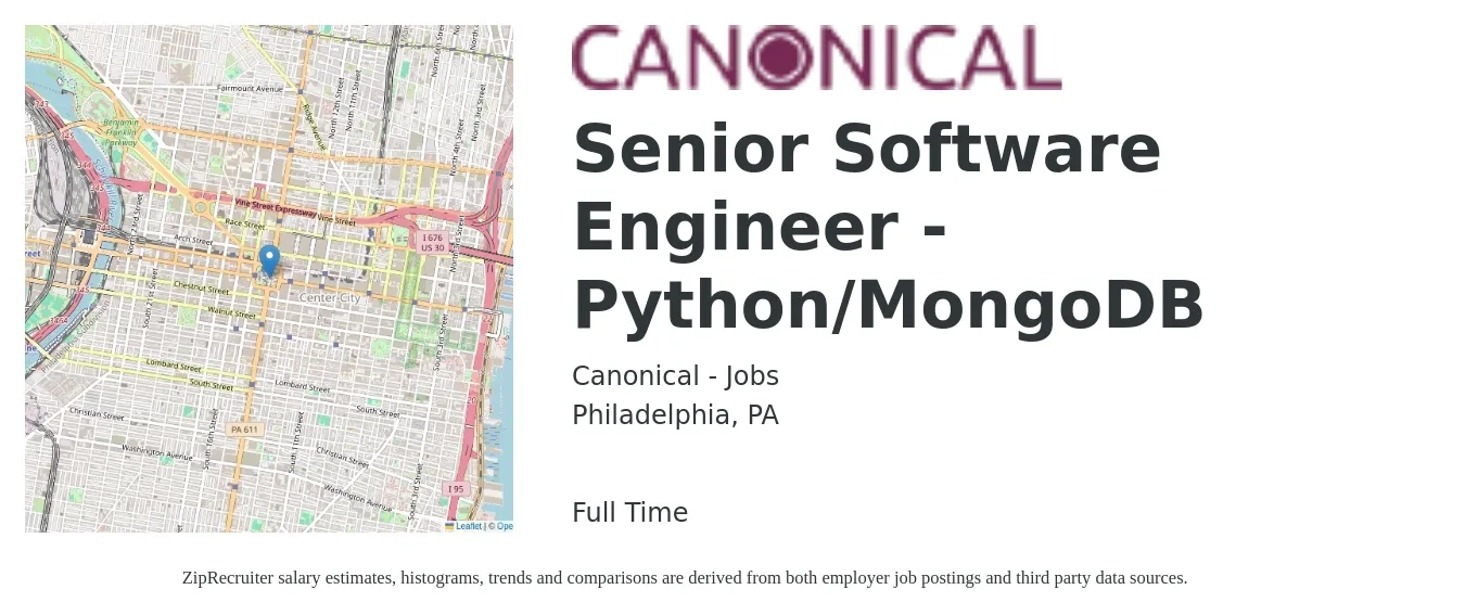 Canonical - Jobs job posting for a Senior Software Engineer - Python/MongoDB in Philadelphia, PA with a salary of $122,600 to $165,000 Yearly with a map of Philadelphia location.
