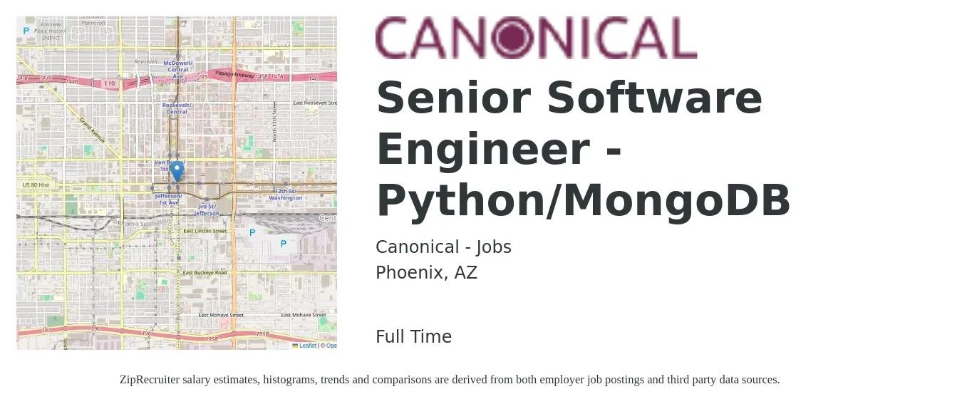 Canonical - Jobs job posting for a Senior Software Engineer - Python/MongoDB in Phoenix, AZ with a salary of $120,600 to $162,300 Yearly with a map of Phoenix location.