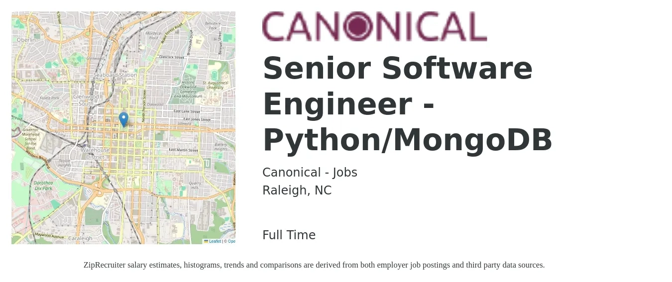 Canonical - Jobs job posting for a Senior Software Engineer - Python/MongoDB in Raleigh, NC with a salary of $118,100 to $158,900 Yearly with a map of Raleigh location.