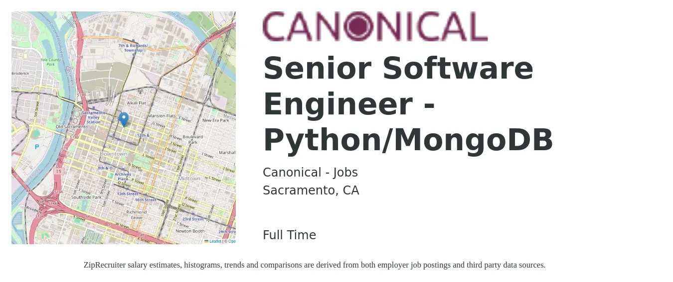 Canonical - Jobs job posting for a Senior Software Engineer - Python/MongoDB in Sacramento, CA with a salary of $129,600 to $174,300 Yearly with a map of Sacramento location.