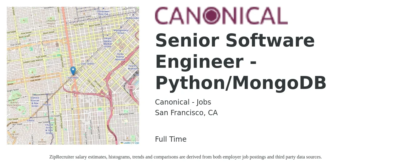 Canonical - Jobs job posting for a Senior Software Engineer - Python/MongoDB in San Francisco, CA with a salary of $143,100 to $192,600 Yearly with a map of San Francisco location.