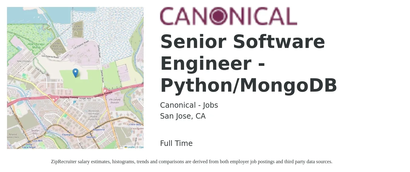Canonical - Jobs job posting for a Senior Software Engineer - Python/MongoDB in San Jose, CA with a salary of $142,400 to $191,600 Yearly with a map of San Jose location.