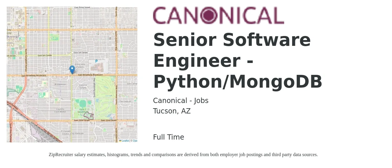 Canonical - Jobs job posting for a Senior Software Engineer - Python/MongoDB in Tucson, AZ with a salary of $114,900 to $154,600 Yearly with a map of Tucson location.