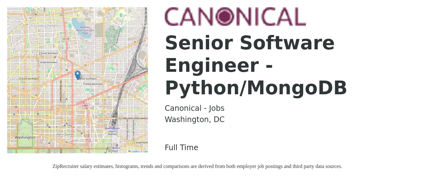 Canonical - Jobs job posting for a Senior Software Engineer - Python/MongoDB in Washington, DC with a salary of $137,600 to $185,200 Yearly with a map of Washington location.
