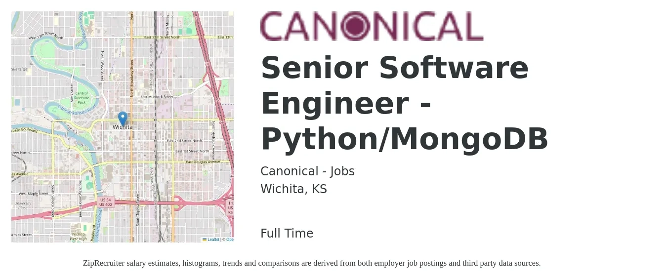 Canonical - Jobs job posting for a Senior Software Engineer - Python/MongoDB in Wichita, KS with a salary of $108,700 to $146,300 Yearly with a map of Wichita location.