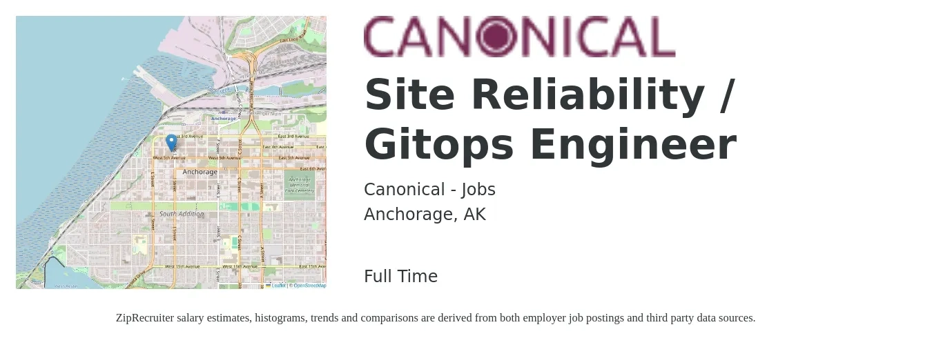Canonical - Jobs job posting for a Site Reliability / Gitops Engineer in Anchorage, AK with a salary of $58 to $78 Hourly with a map of Anchorage location.