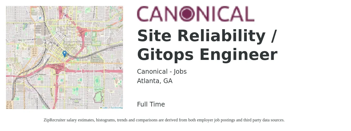 Canonical - Jobs job posting for a Site Reliability / Gitops Engineer in Atlanta, GA with a salary of $55 to $73 Hourly with a map of Atlanta location.