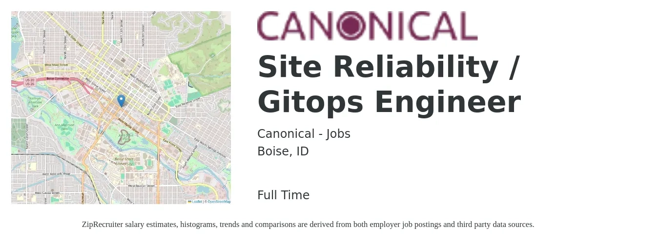 Canonical - Jobs job posting for a Site Reliability / Gitops Engineer in Boise, ID with a salary of $54 to $72 Hourly with a map of Boise location.