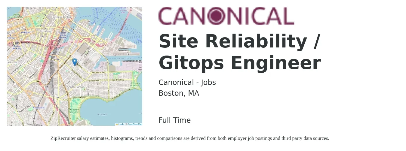 Canonical - Jobs job posting for a Site Reliability / Gitops Engineer in Boston, MA with a salary of $62 to $82 Hourly with a map of Boston location.