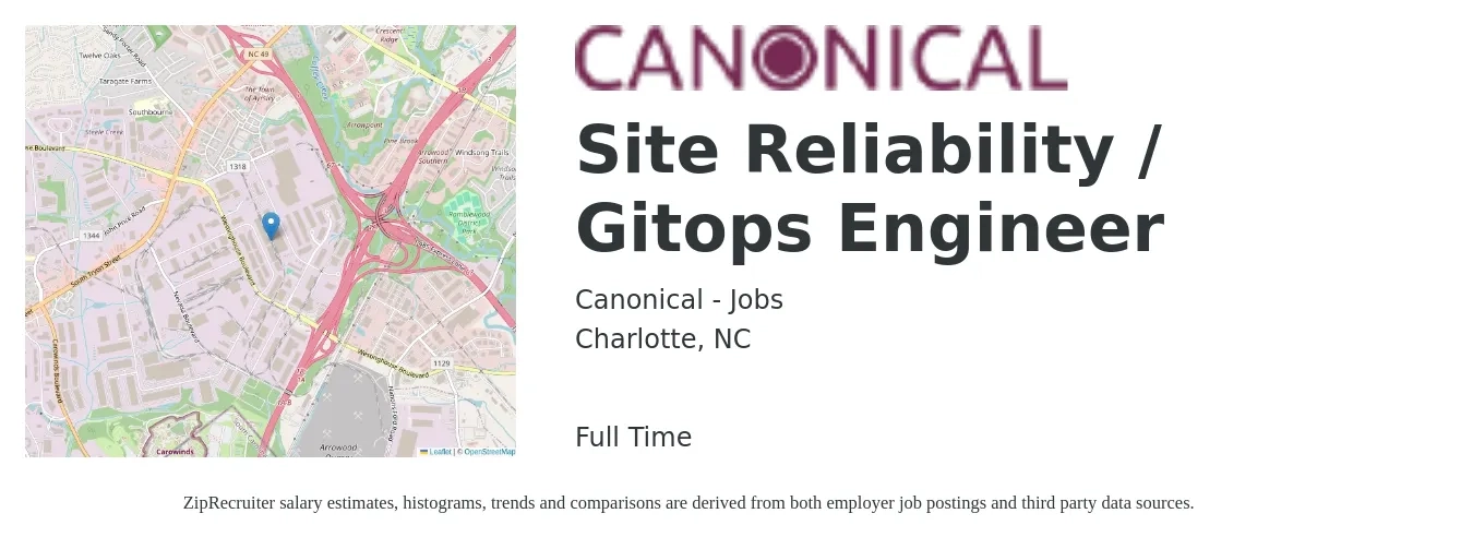 Canonical - Jobs job posting for a Site Reliability / Gitops Engineer in Charlotte, NC with a salary of $56 to $74 Hourly with a map of Charlotte location.
