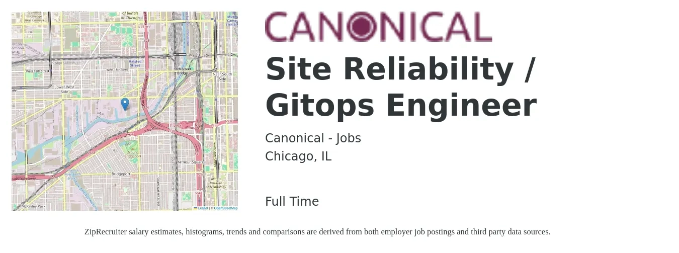 Canonical - Jobs job posting for a Site Reliability / Gitops Engineer in Chicago, IL with a salary of $59 to $78 Hourly with a map of Chicago location.