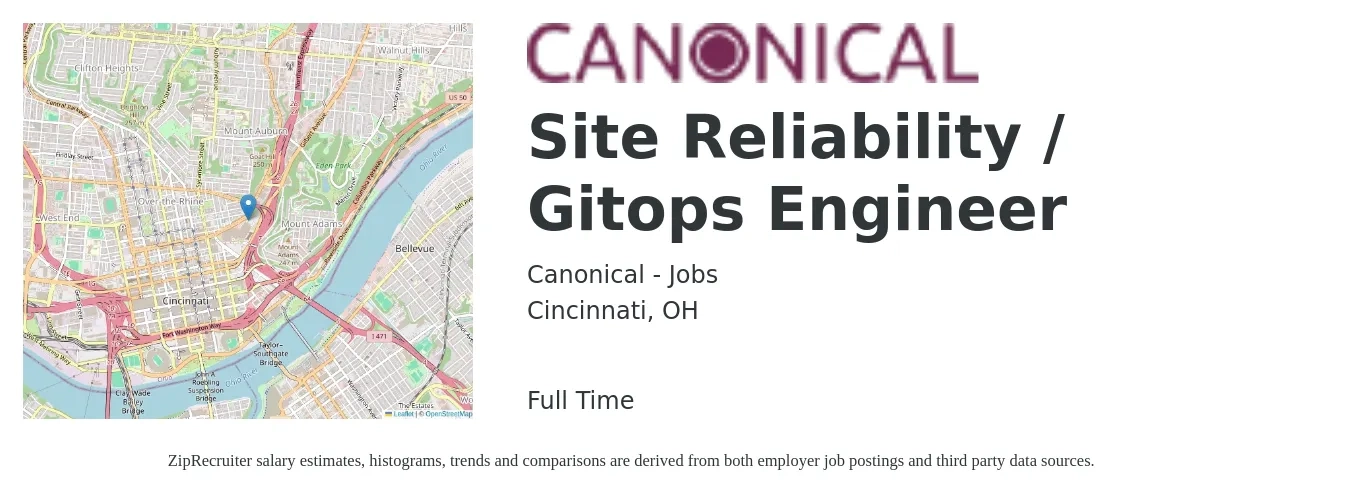 Canonical - Jobs job posting for a Site Reliability / Gitops Engineer in Cincinnati, OH with a salary of $55 to $73 Hourly with a map of Cincinnati location.