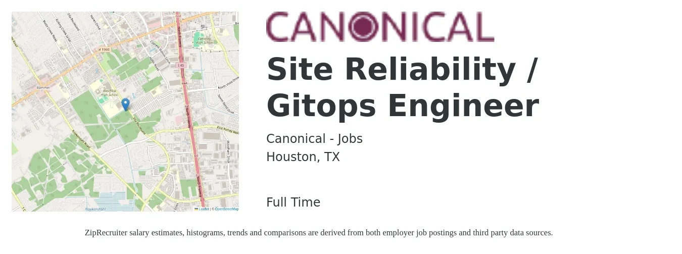 Canonical - Jobs job posting for a Site Reliability / Gitops Engineer in Houston, TX with a salary of $54 to $72 Hourly with a map of Houston location.