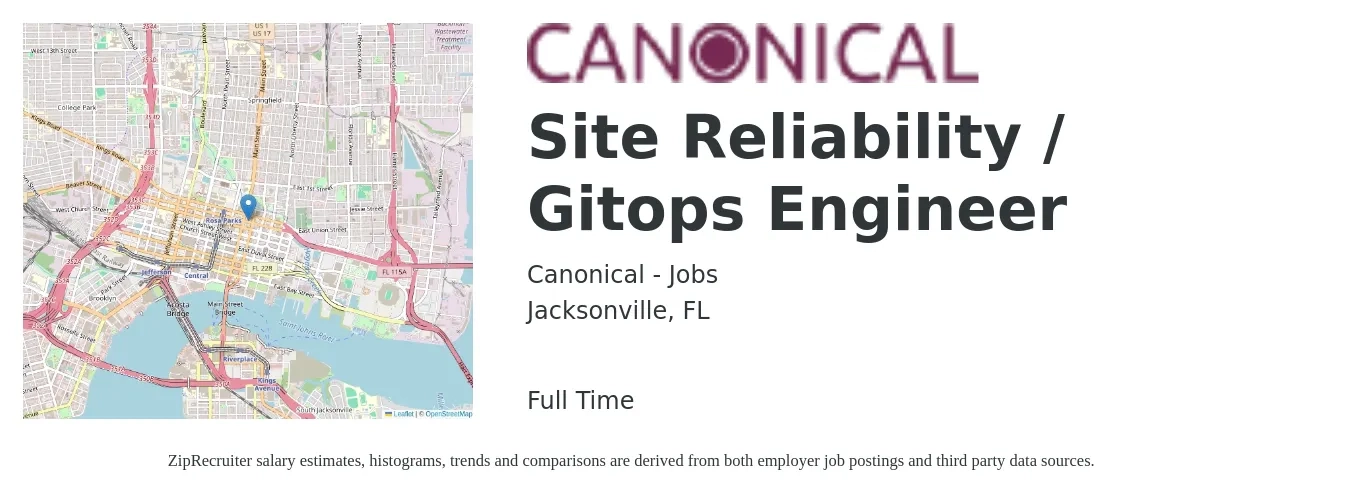 Canonical - Jobs job posting for a Site Reliability / Gitops Engineer in Jacksonville, FL with a salary of $53 to $70 Hourly with a map of Jacksonville location.