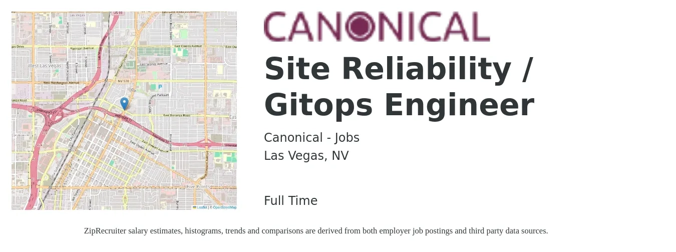 Canonical - Jobs job posting for a Site Reliability / Gitops Engineer in Las Vegas, NV with a salary of $54 to $72 Hourly with a map of Las Vegas location.