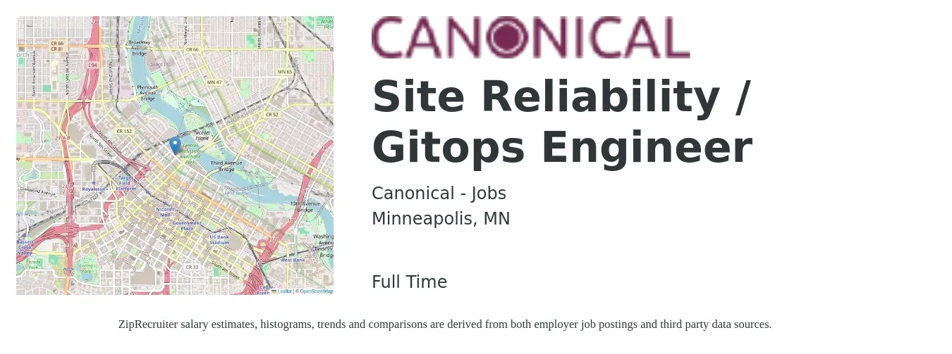 Canonical - Jobs job posting for a Site Reliability / Gitops Engineer in Minneapolis, MN with a salary of $60 to $79 Hourly with a map of Minneapolis location.