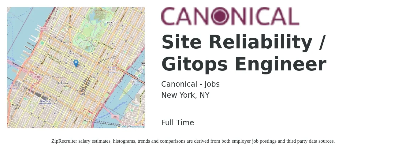 Canonical - Jobs job posting for a Site Reliability / Gitops Engineer in New York, NY with a salary of $62 to $83 Hourly with a map of New York location.