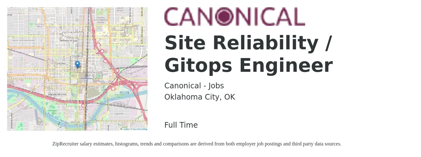 Canonical - Jobs job posting for a Site Reliability / Gitops Engineer in Oklahoma City, OK with a salary of $53 to $70 Hourly with a map of Oklahoma City location.