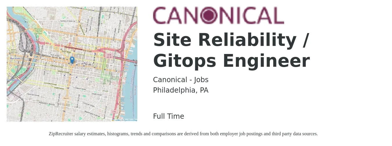 Canonical - Jobs job posting for a Site Reliability / Gitops Engineer in Philadelphia, PA with a salary of $58 to $76 Hourly with a map of Philadelphia location.
