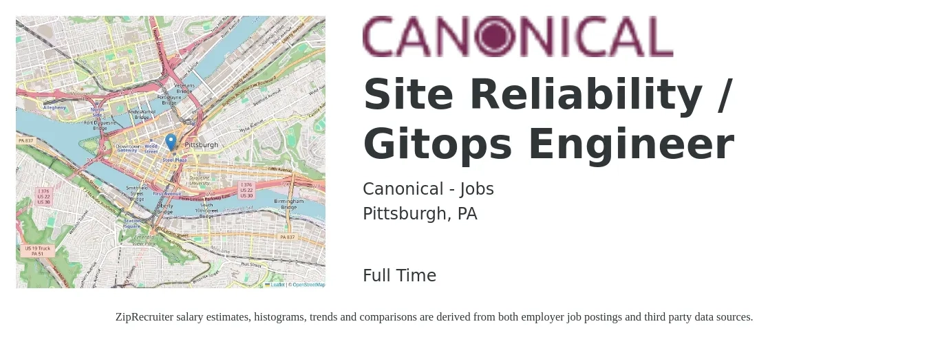 Canonical - Jobs job posting for a Site Reliability / Gitops Engineer in Pittsburgh, PA with a salary of $55 to $74 Hourly with a map of Pittsburgh location.