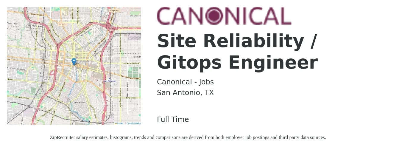 Canonical - Jobs job posting for a Site Reliability / Gitops Engineer in San Antonio, TX with a salary of $52 to $68 Hourly with a map of San Antonio location.