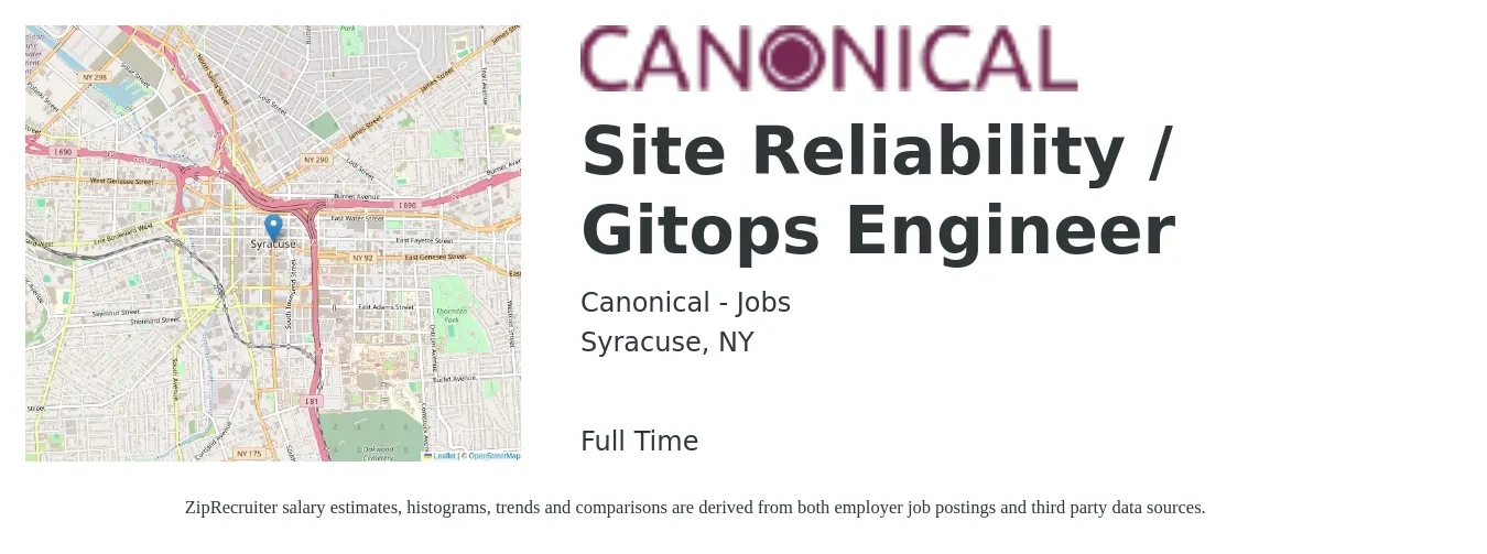 Canonical - Jobs job posting for a Site Reliability / Gitops Engineer in Syracuse, NY with a salary of $56 to $75 Hourly with a map of Syracuse location.
