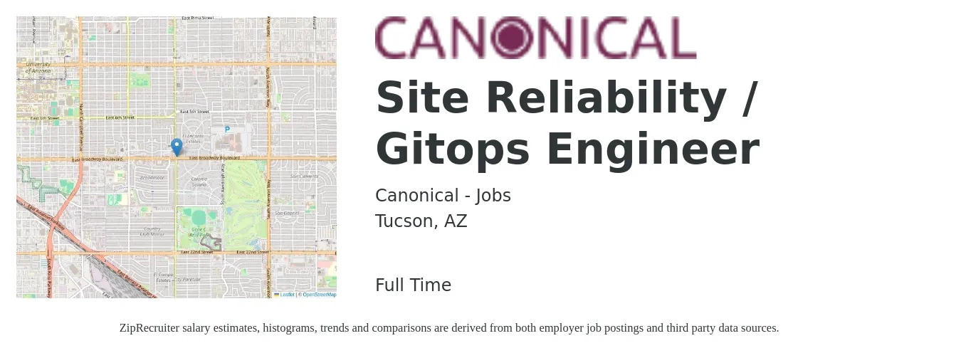 Canonical - Jobs job posting for a Site Reliability / Gitops Engineer in Tucson, AZ with a salary of $54 to $72 Hourly with a map of Tucson location.