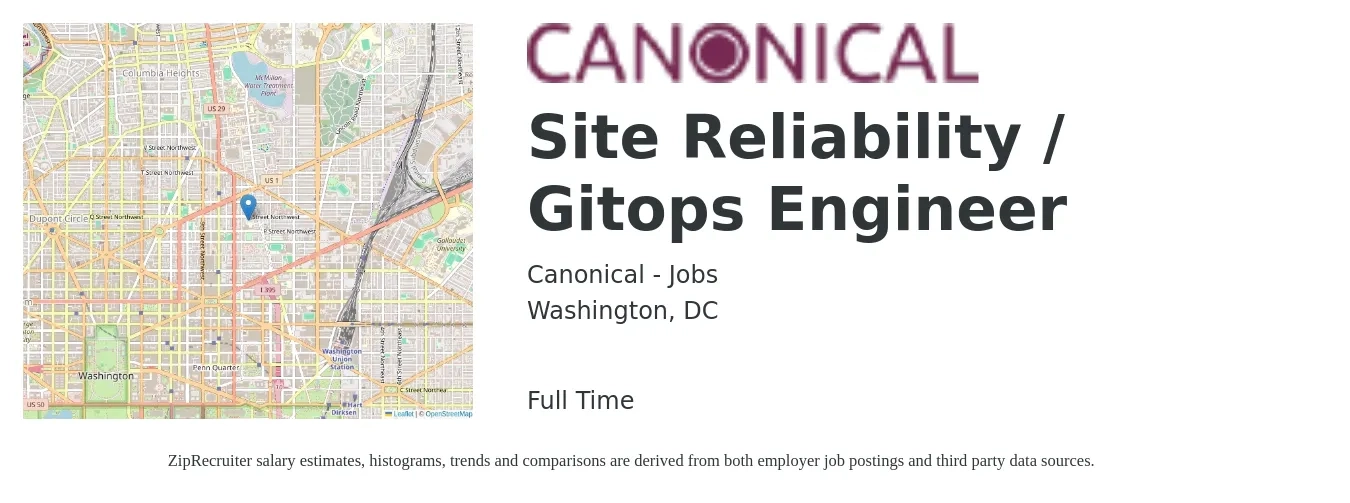 Canonical - Jobs job posting for a Site Reliability / Gitops Engineer in Washington, DC with a salary of $64 to $86 Hourly with a map of Washington location.