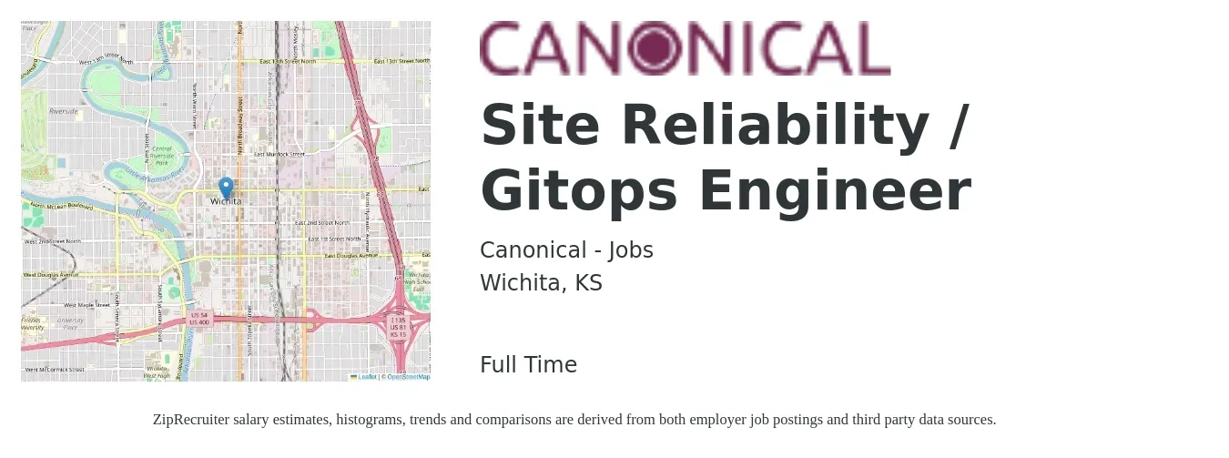 Canonical - Jobs job posting for a Site Reliability / Gitops Engineer in Wichita, KS with a salary of $51 to $68 Hourly with a map of Wichita location.