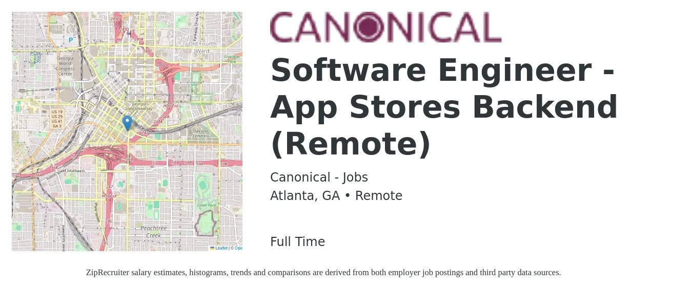 Canonical - Jobs job posting for a Software Engineer - App Stores Backend (Remote) in Atlanta, GA with a salary of $119,200 to $165,400 Yearly with a map of Atlanta location.