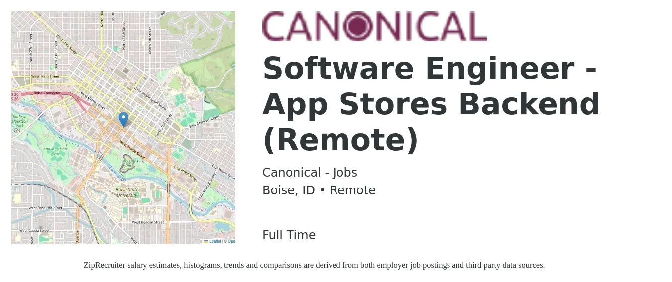 Canonical - Jobs job posting for a Software Engineer - App Stores Backend (Remote) in Boise, ID with a salary of $118,000 to $163,700 Yearly with a map of Boise location.