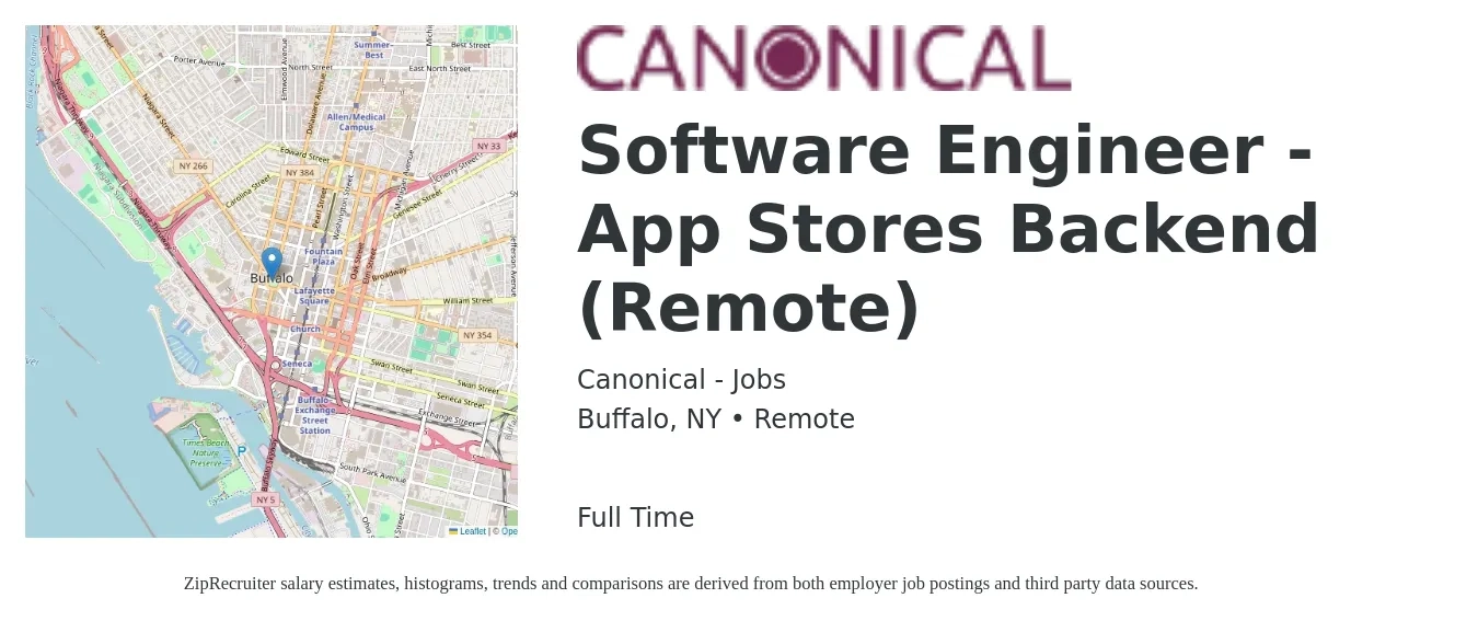 Canonical - Jobs job posting for a Software Engineer - App Stores Backend (Remote) in Buffalo, NY with a salary of $120,100 to $166,600 Yearly with a map of Buffalo location.