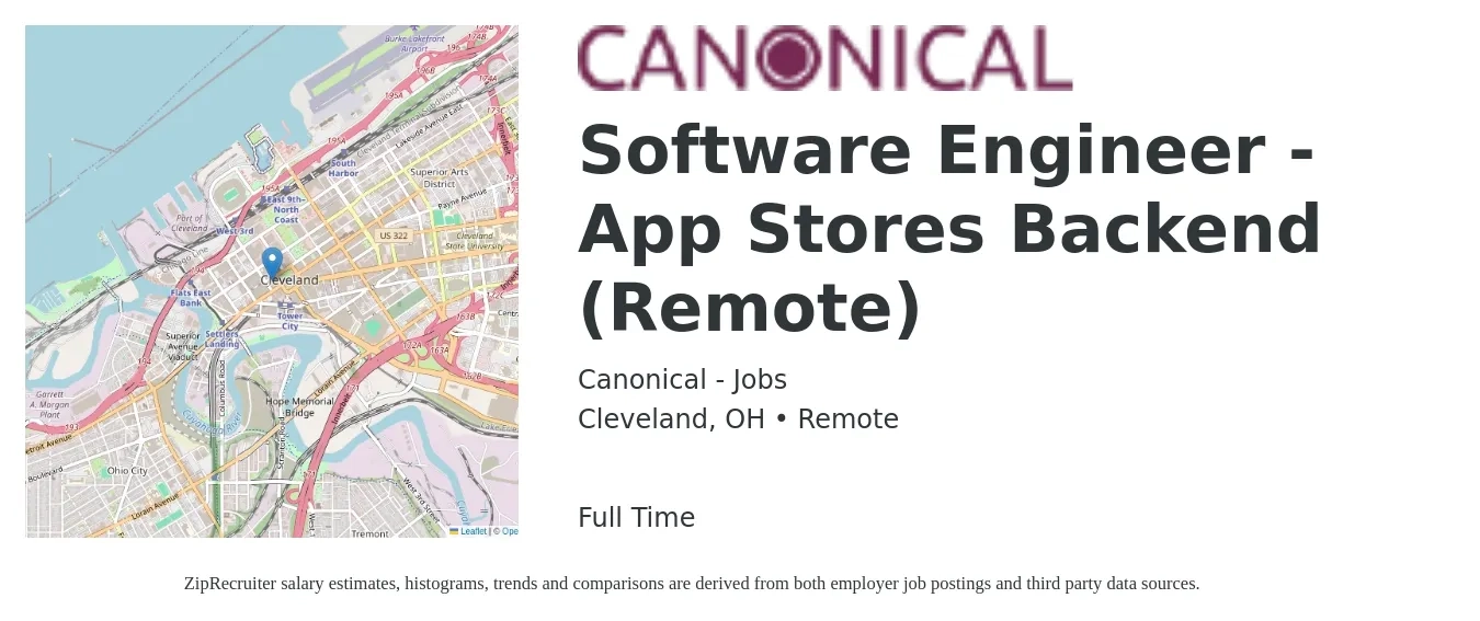 Canonical - Jobs job posting for a Software Engineer - App Stores Backend (Remote) in Cleveland, OH with a salary of $120,300 to $166,800 Yearly with a map of Cleveland location.