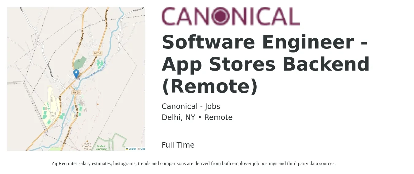 Canonical - Jobs job posting for a Software Engineer - App Stores Backend (Remote) in Delhi, NY with a salary of $127,100 to $176,300 Yearly with a map of Delhi location.