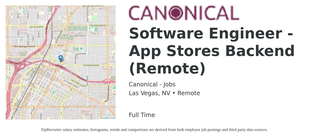 Canonical - Jobs job posting for a Software Engineer - App Stores Backend (Remote) in Las Vegas, NV with a salary of $118,400 to $164,300 Yearly with a map of Las Vegas location.