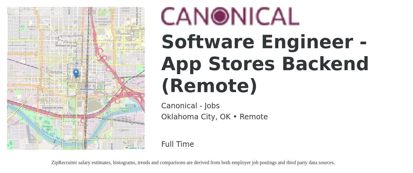 Canonical - Jobs job posting for a Software Engineer - App Stores Backend (Remote) in Oklahoma City, OK with a salary of $115,200 to $159,800 Yearly with a map of Oklahoma City location.