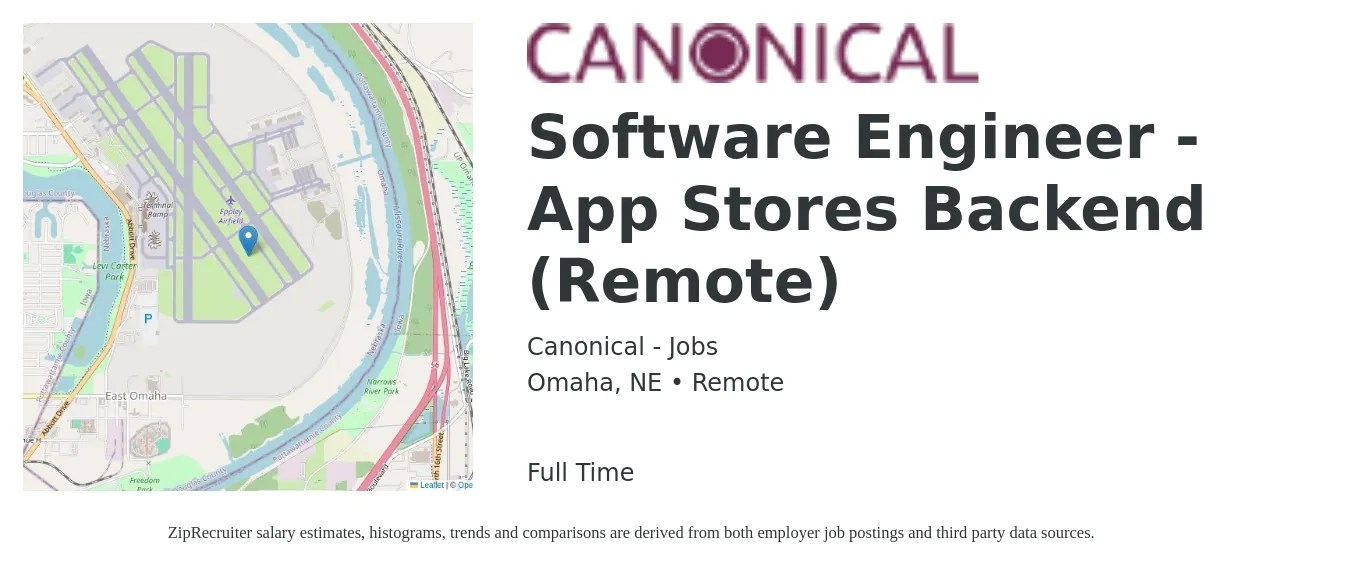 Canonical - Jobs job posting for a Software Engineer - App Stores Backend (Remote) in Omaha, NE with a salary of $118,600 to $164,500 Yearly with a map of Omaha location.
