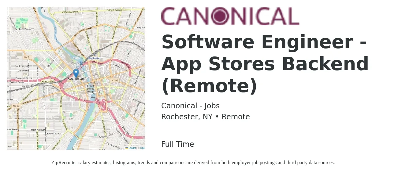 Canonical - Jobs job posting for a Software Engineer - App Stores Backend (Remote) in Rochester, NY with a salary of $122,300 to $169,700 Yearly with a map of Rochester location.