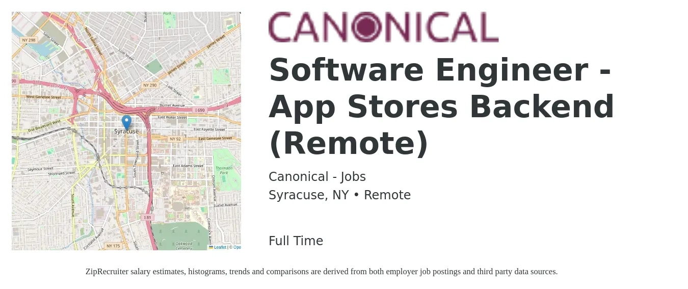 Canonical - Jobs job posting for a Software Engineer - App Stores Backend (Remote) in Syracuse, NY with a salary of $122,500 to $169,900 Yearly with a map of Syracuse location.
