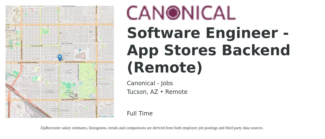Canonical - Jobs job posting for a Software Engineer - App Stores Backend (Remote) in Tucson, AZ with a salary of $117,200 to $162,600 Yearly with a map of Tucson location.