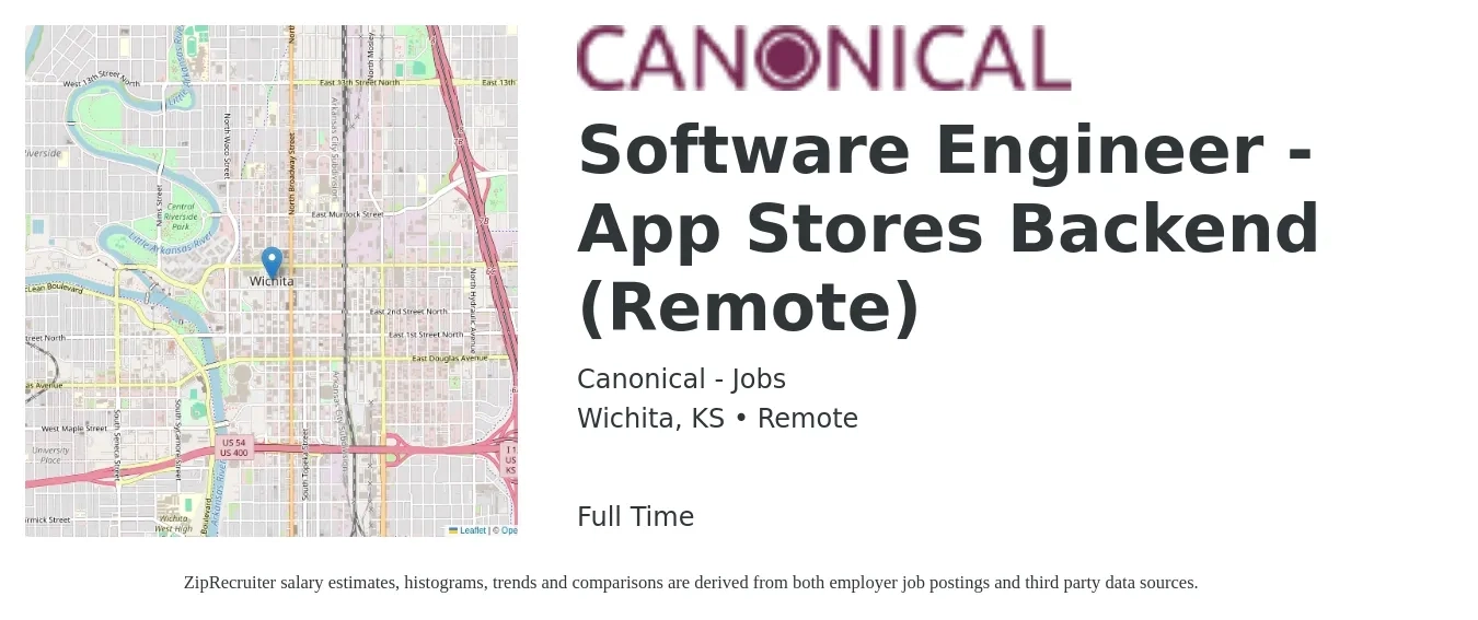 Canonical - Jobs job posting for a Software Engineer - App Stores Backend (Remote) in Wichita, KS with a salary of $110,900 to $153,900 Yearly with a map of Wichita location.