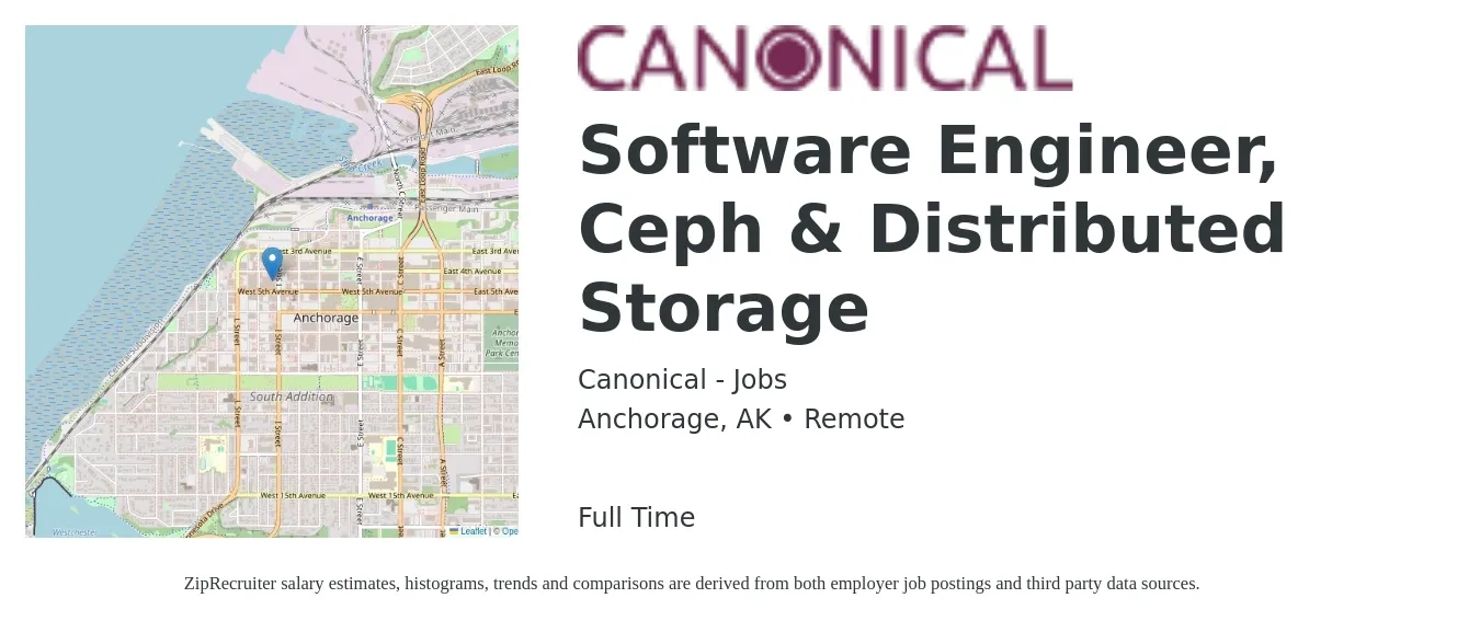 Canonical - Jobs job posting for a Software Engineer, Ceph & Distributed Storage in Anchorage, AK with a salary of $50 to $70 Hourly with a map of Anchorage location.