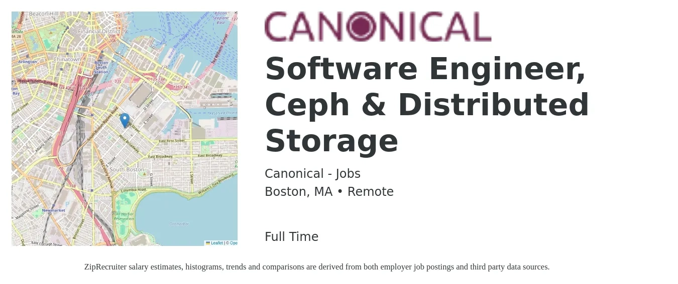 Canonical - Jobs job posting for a Software Engineer, Ceph & Distributed Storage in Boston, MA with a salary of $53 to $75 Hourly with a map of Boston location.