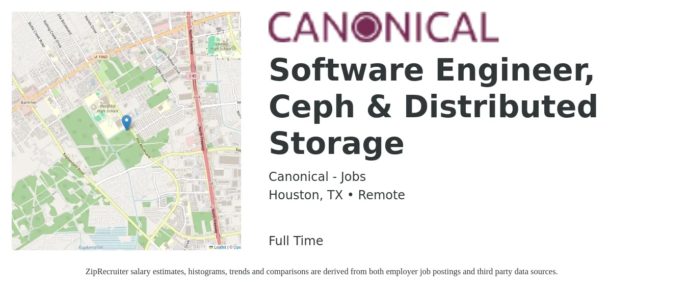 Canonical - Jobs job posting for a Software Engineer, Ceph & Distributed Storage in Houston, TX with a salary of $46 to $66 Hourly with a map of Houston location.