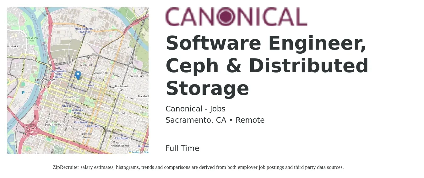 Canonical - Jobs job posting for a Software Engineer, Ceph & Distributed Storage in Sacramento, CA with a salary of $52 to $74 Hourly with a map of Sacramento location.