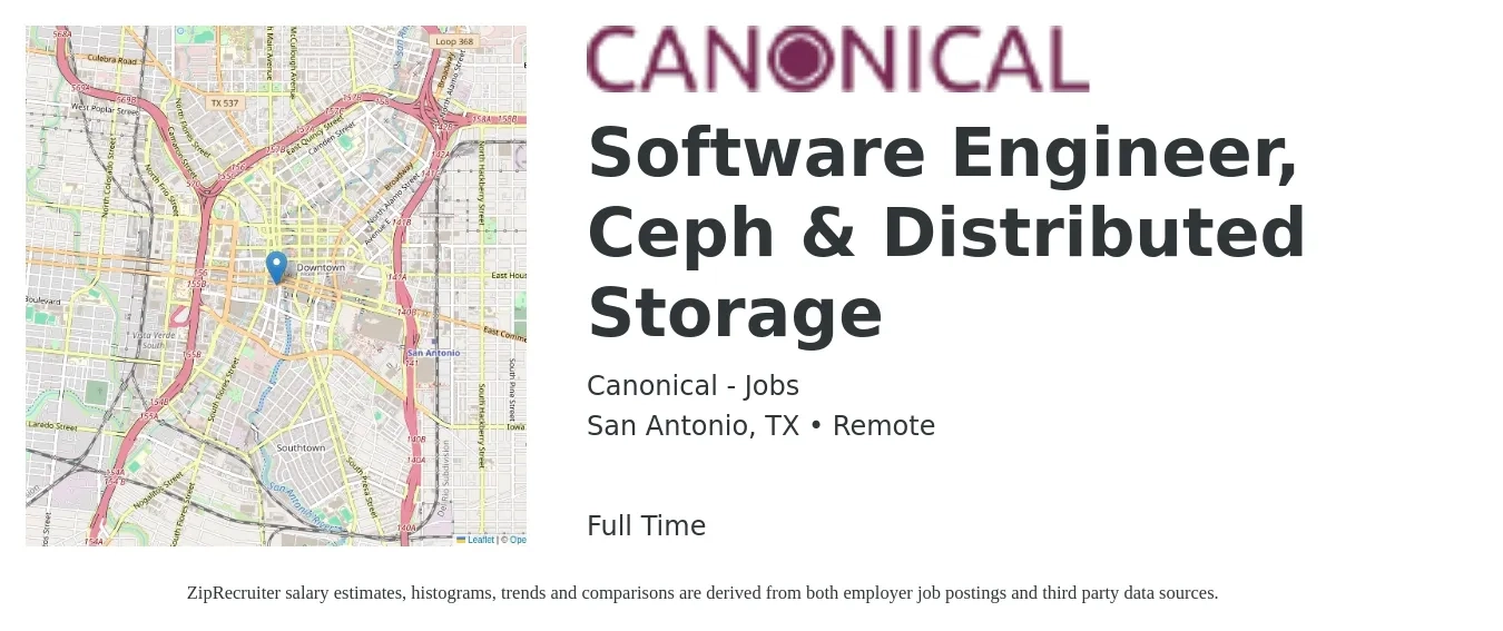 Canonical - Jobs job posting for a Software Engineer, Ceph & Distributed Storage in San Antonio, TX with a salary of $44 to $62 Hourly with a map of San Antonio location.