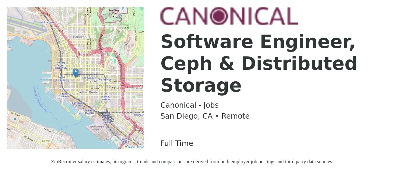 Canonical - Jobs job posting for a Software Engineer, Ceph & Distributed Storage in San Diego, CA with a salary of $52 to $73 Hourly with a map of San Diego location.