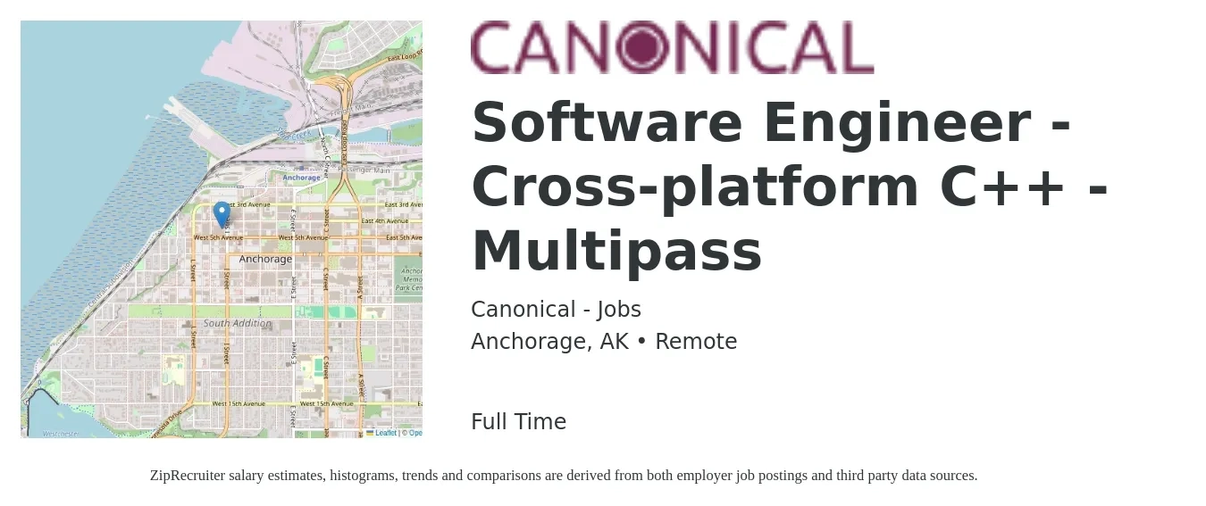 Canonical - Jobs job posting for a Software Engineer - Cross-platform C++ - Multipass in Anchorage, AK with a salary of $100,200 to $147,700 Yearly with a map of Anchorage location.