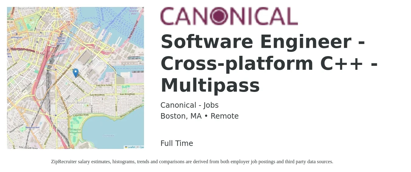 Canonical - Jobs job posting for a Software Engineer - Cross-platform C++ - Multipass in Boston, MA with a salary of $106,500 to $157,000 Yearly with a map of Boston location.